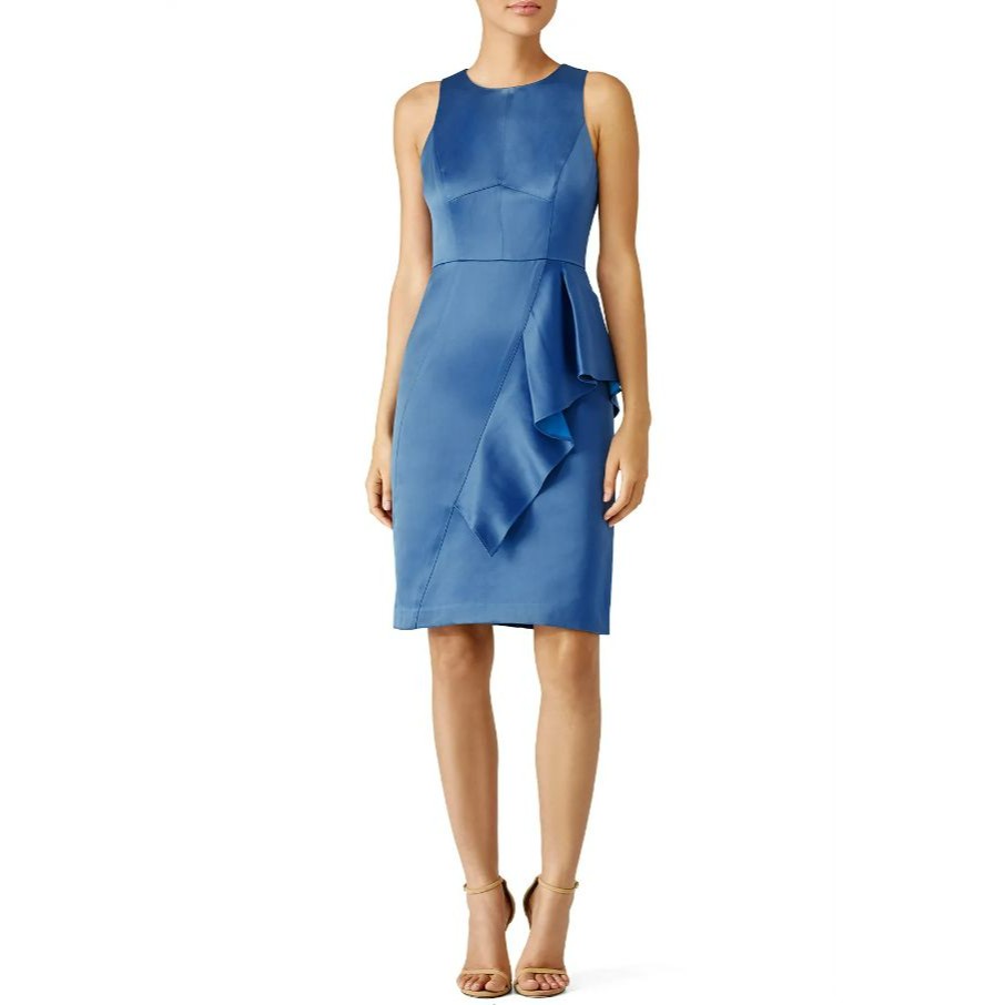 Shoshanna Elisa Dress Sz 10 Blue Satin Sheath Ruffle Cocktail Wedding Guest Nwt — image 3 of 8
